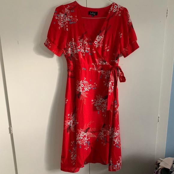 Lulus All the Sweetness Red Floral Print Puff Sleeve Midi Wrap Dress - Picture 9 of 9